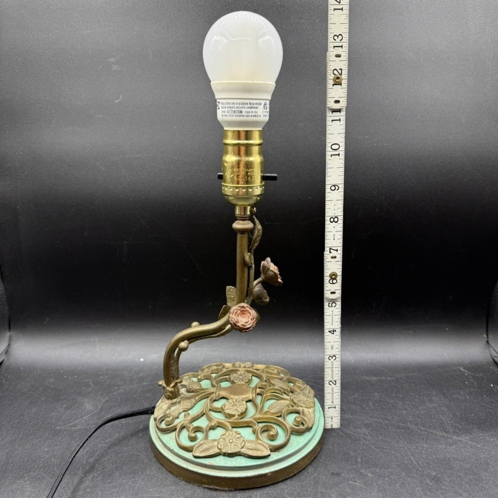 Vintage Art Deco Brass Green Rose Table Lamp Home Fairy Floral Verdigris Cottage - Picture 6 of 12